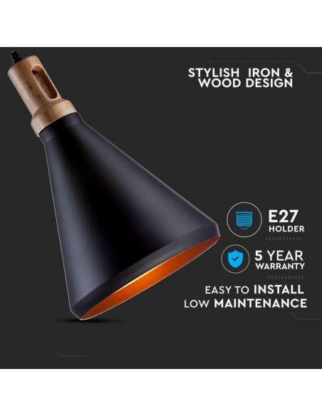 3762-Lampadario LED in Metallo con Portalampada E Max  Colore Nero e Attacco in Legno-5