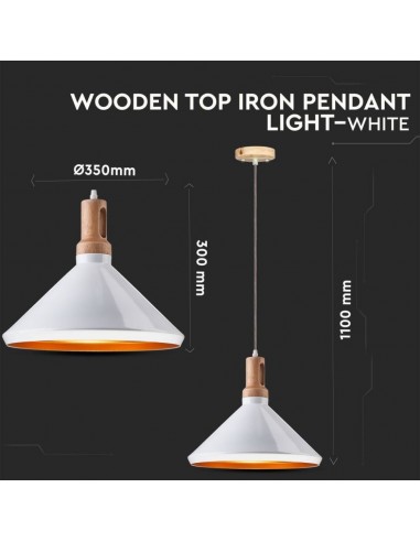 3763-Lampadario LED in Metallo a Cono con Portalampada E Max  Colore Bianco Lucido e Attacco in Legno-2