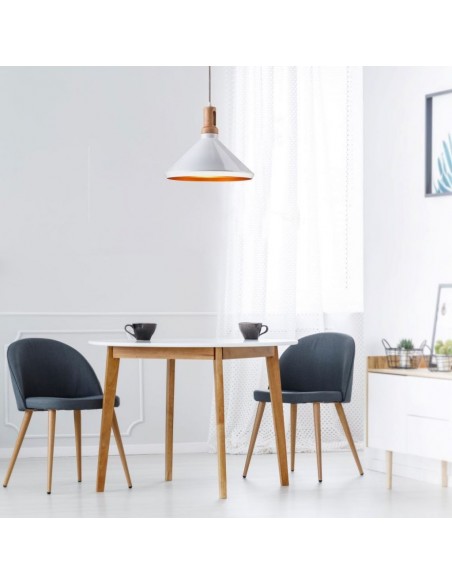 3763-Lampadario LED in Metallo a Cono con Portalampada E Max  Colore Bianco Lucido e Attacco in Legno-4