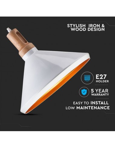 3763-Lampadario LED in Metallo a Cono con Portalampada E Max  Colore Bianco Lucido e Attacco in Legno-5