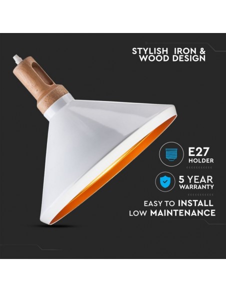3763-Lampadario LED in Metallo a Cono con Portalampada E Max  Colore Bianco Lucido e Attacco in Legno-5