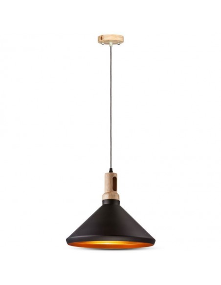3764-Lampadario LED in Metallo a Cono con Portalampada E Max  Colore Nero Opaco e Attacco in Legno-1