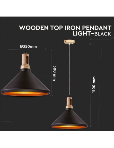 3764-Lampadario LED in Metallo a Cono con Portalampada E Max  Colore Nero Opaco e Attacco in Legno-2