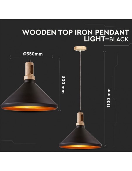 3764-Lampadario LED in Metallo a Cono con Portalampada E Max  Colore Nero Opaco e Attacco in Legno-2