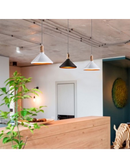 3764-Lampadario LED in Metallo a Cono con Portalampada E Max  Colore Nero Opaco e Attacco in Legno-3