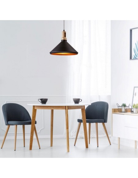 3764-Lampadario LED in Metallo a Cono con Portalampada E Max  Colore Nero Opaco e Attacco in Legno-4