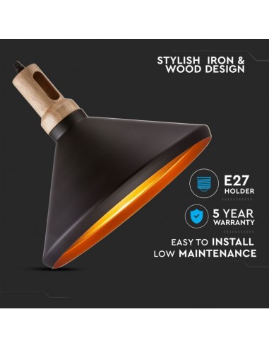 3764-Lampadario LED in Metallo a Cono con Portalampada E Max  Colore Nero Opaco e Attacco in Legno-5