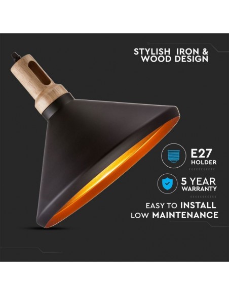 3764-Lampadario LED in Metallo a Cono con Portalampada E Max  Colore Nero Opaco e Attacco in Legno-5
