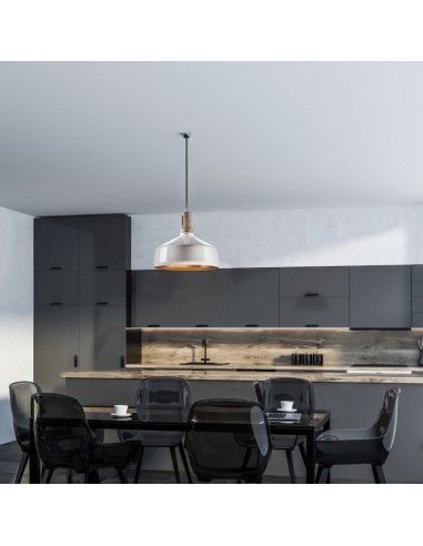 3765-Lampadario LED in Metallo a Coppa con Portalampada E Max  Colore Bianco Lucido e Attacco in Legno-4