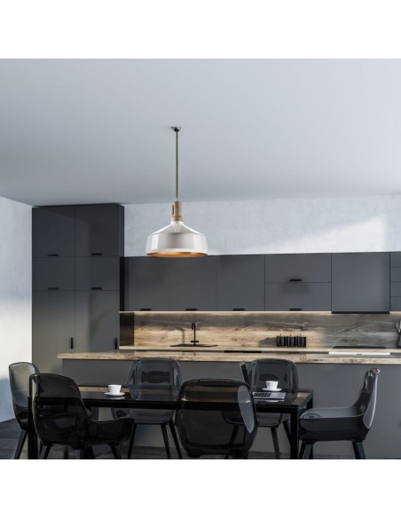 3765-Lampadario LED in Metallo a Coppa con Portalampada E Max  Colore Bianco Lucido e Attacco in Legno-4