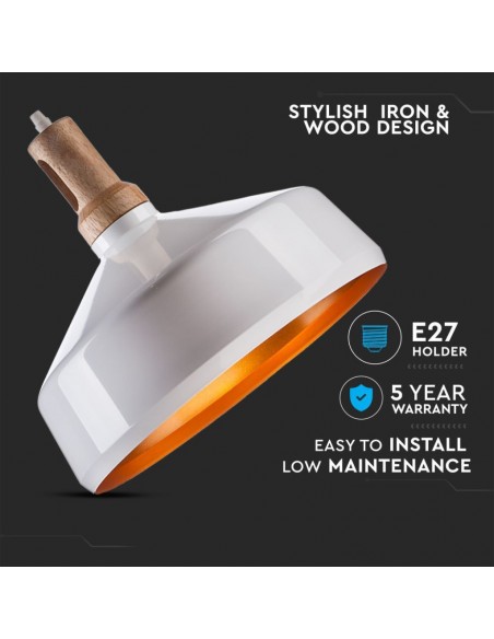 3765-Lampadario LED in Metallo a Coppa con Portalampada E Max  Colore Bianco Lucido e Attacco in Legno-6