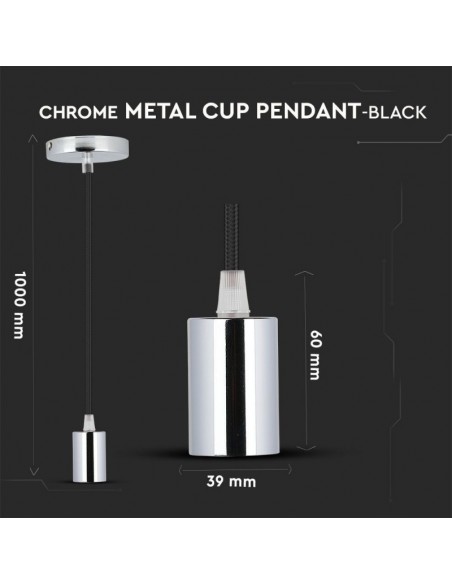 3782-Lampadario LED a Cilindro in Metallo con Portalampada E Max  Lcm Colore Cromato e Cavo Nero-2