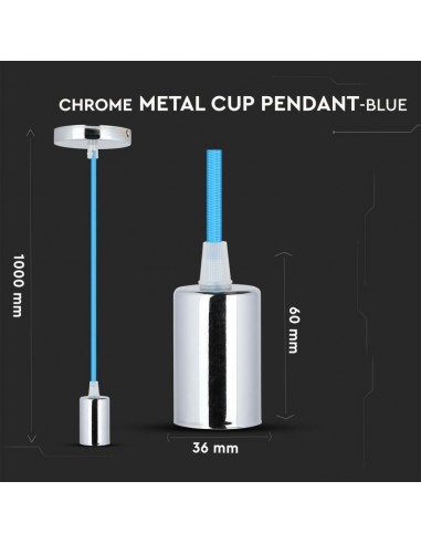 3783-Lampadario LED a Cilindro in Metallo con Portalampada E Max  Lcm Colore Cromato e Cavo Blu-2