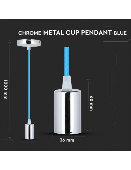 3783-Lampadario LED a Cilindro in Metallo con Portalampada E Max  Lcm Colore Cromato e Cavo Blu-2