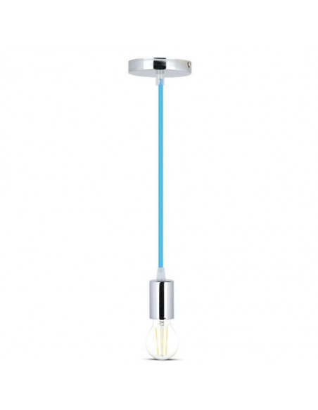 Lampadario LED a Cilindro in Metallo con Portalampada E27 (Max 60W) L:100cm Cromato e Cavo Blu