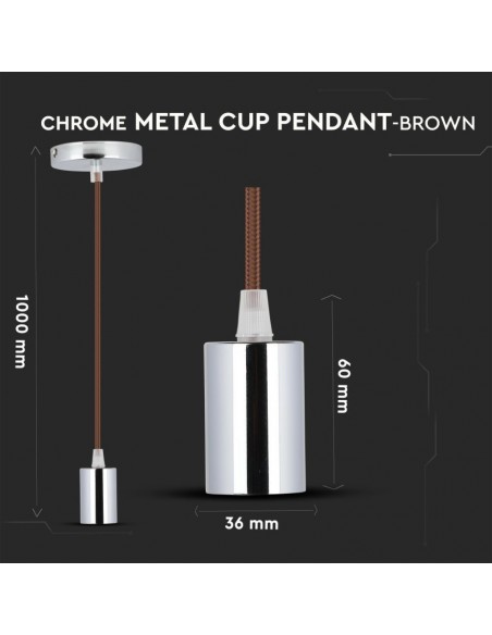 3784-Lampadario LED a Cilindro in Metallo con Portalampada E Max  Lcm Colore Cromato e Cavo Marrone-2