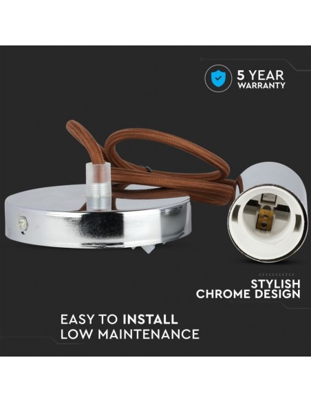 Lampadario LED a Cilindro in Metallo con Portalampada E27 (Max 60W) L:100cm Cromato e Cavo Marrone