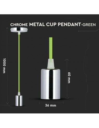 3785-Lampadario LED a Cilindro in Metallo con Portalampada E Max  Lcm Colore Cromato e Cavo Verde-2
