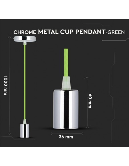 3785-Lampadario LED a Cilindro in Metallo con Portalampada E Max  Lcm Colore Cromato e Cavo Verde-2