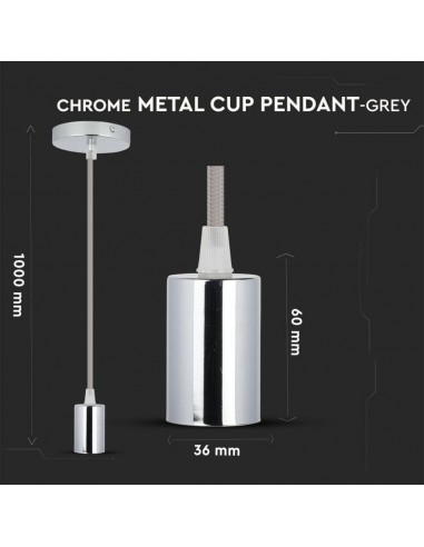 3786-Lampadario LED a Cilindro in Metallo con Portalampada E Max  Lcm Colore Cromato e Cavo Grigio-2