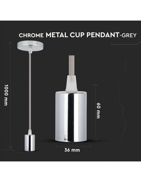 3786-Lampadario LED a Cilindro in Metallo con Portalampada E Max  Lcm Colore Cromato e Cavo Grigio-2