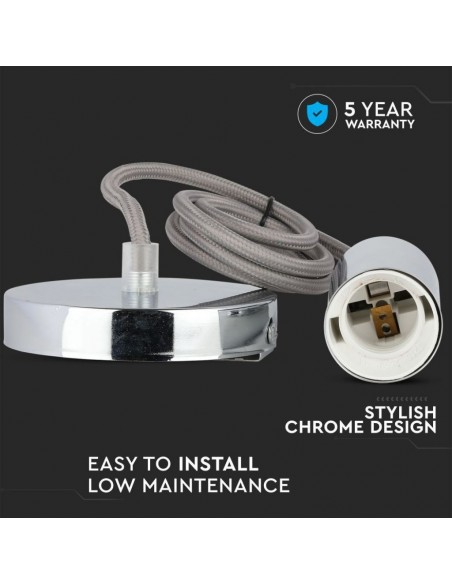 3786-Lampadario LED a Cilindro in Metallo con Portalampada E Max  Lcm Colore Cromato e Cavo Grigio-5