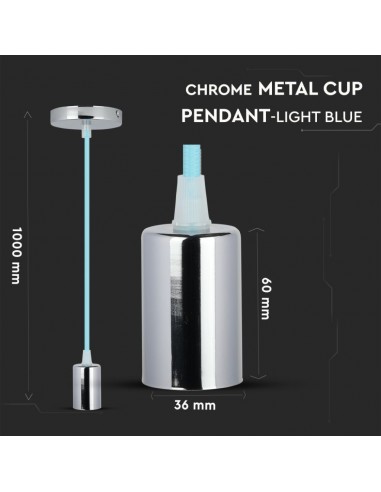 3787-Lampadario LED a Cilindro in Metallo con Portalampada E Max  Lcm Colore Cromato e Cavo Azzurro-2