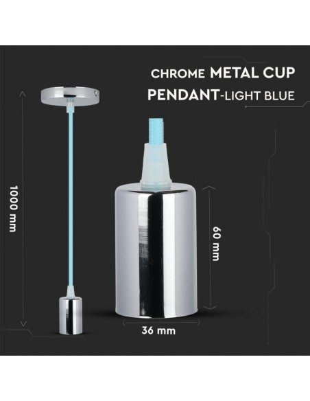 3787-Lampadario LED a Cilindro in Metallo con Portalampada E Max  Lcm Colore Cromato e Cavo Azzurro-2