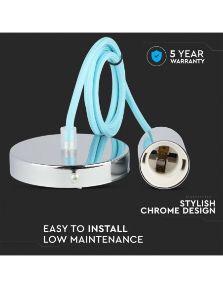 Lampadario LED a Cilindro in Metallo con Portalampada E27 (Max 60W) L:100cm Cromato e Cavo Azzurro