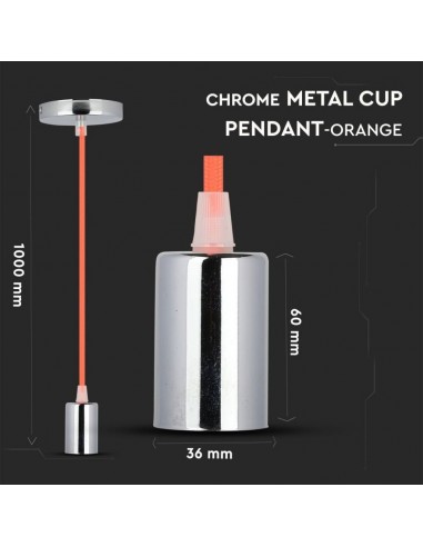 3788-Lampadario LED a Cilindro in Metallo con Portalampada E Max  Lcm Colore Cromato e Cavo Arancione-2