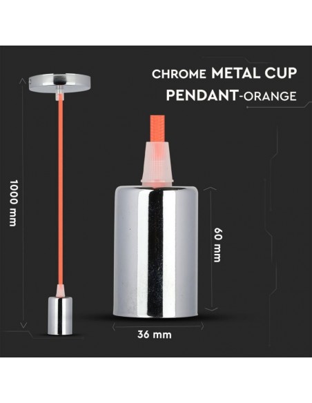 3788-Lampadario LED a Cilindro in Metallo con Portalampada E Max  Lcm Colore Cromato e Cavo Arancione-2
