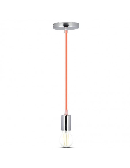 Lampadario LED a Cilindro in Metallo con Portalampada E27 (Max 60W) L:100cm Cromato e Cavo Arancione