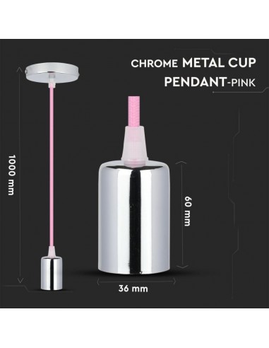 3789-Lampadario LED a Cilindro in Metallo con Portalampada E Max  lcm Colore Cromato e Cavo Rosa-2
