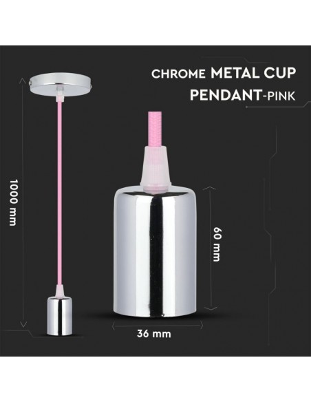 3789-Lampadario LED a Cilindro in Metallo con Portalampada E Max  lcm Colore Cromato e Cavo Rosa-2