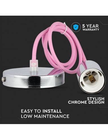 3789-Lampadario LED a Cilindro in Metallo con Portalampada E Max  lcm Colore Cromato e Cavo Rosa-5