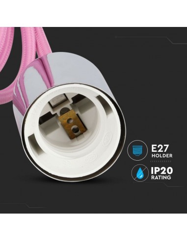 3789-Lampadario LED a Cilindro in Metallo con Portalampada E Max  lcm Colore Cromato e Cavo Rosa-6