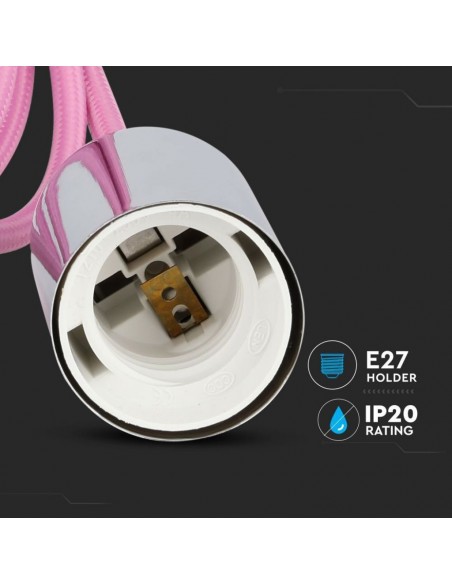 3789-Lampadario LED a Cilindro in Metallo con Portalampada E Max  lcm Colore Cromato e Cavo Rosa-6