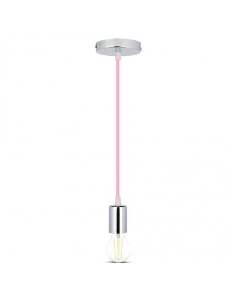 Lampadario LED a Cilindro in Metallo con Portalampada E27 (Max 60W) l.:100cm Cromato e Cavo Rosa