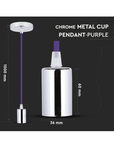 3790-Lampadario LED a Cilindro in Metallo con Portalampada E Max  lcm Colore Cromato e Cavo Viola-2