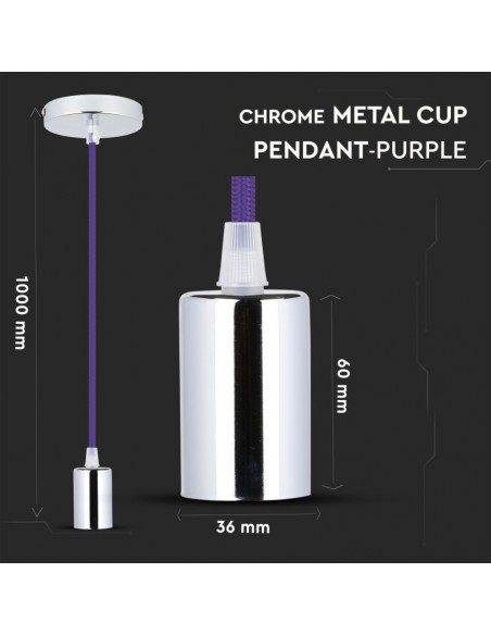 3790-Lampadario LED a Cilindro in Metallo con Portalampada E Max  lcm Colore Cromato e Cavo Viola-2