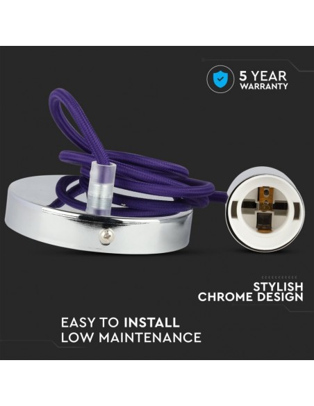 Lampadario LED a Cilindro in Metallo con Portalampada E27 (Max 60W) l:100cm Cromato e Cavo Viola