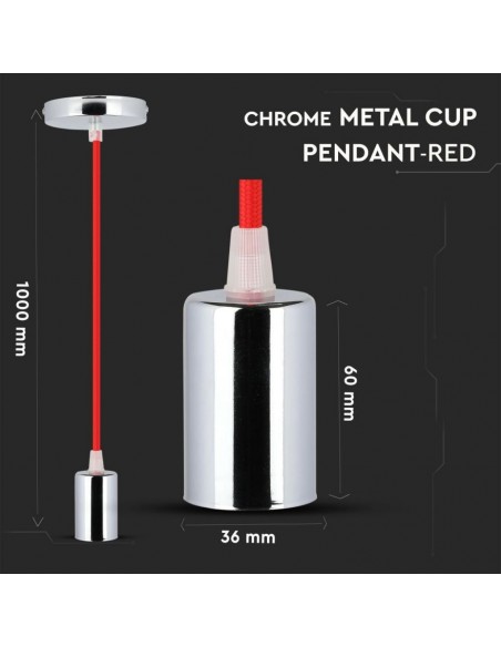 3791-Lampadario LED a Cilindro in Metallo con Portalampada E Max  Lcm Colore Cromato e Cavo Rosso-2