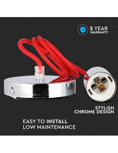 3791-Lampadario LED a Cilindro in Metallo con Portalampada E Max  Lcm Colore Cromato e Cavo Rosso-5