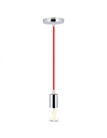 Lampadario LED a Cilindro in Metallo con Portalampada E27 (Max 60W) L:100cm Cromato e Cavo Rosso