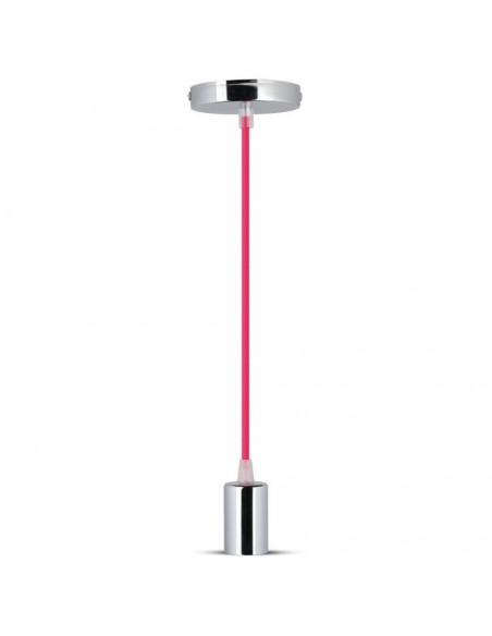3792-Lampadario LED a Cilindro in Metallo con Portalampada E Max  Lcm Colore Cromato e Cavo Fucsia-1