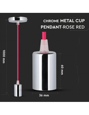 3792-Lampadario LED a Cilindro in Metallo con Portalampada E Max  Lcm Colore Cromato e Cavo Fucsia-2