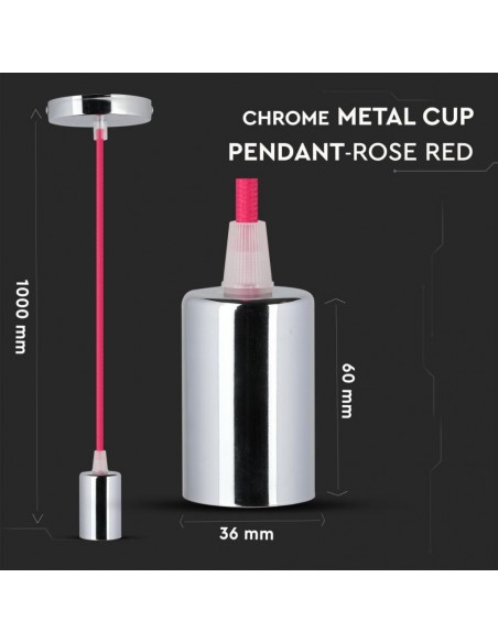 3792-Lampadario LED a Cilindro in Metallo con Portalampada E Max  Lcm Colore Cromato e Cavo Fucsia-2