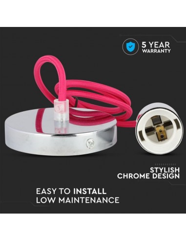 3792-Lampadario LED a Cilindro in Metallo con Portalampada E Max  Lcm Colore Cromato e Cavo Fucsia-5