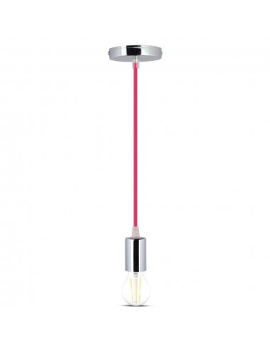 3792-Lampadario LED a Cilindro in Metallo con Portalampada E Max  Lcm Colore Cromato e Cavo Fucsia-7