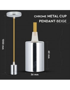 3794-Lampadario LED a Cilindro in Metallo con Portalampada E Max  Lcm Colore Cromato e Cavo Beige-1 2